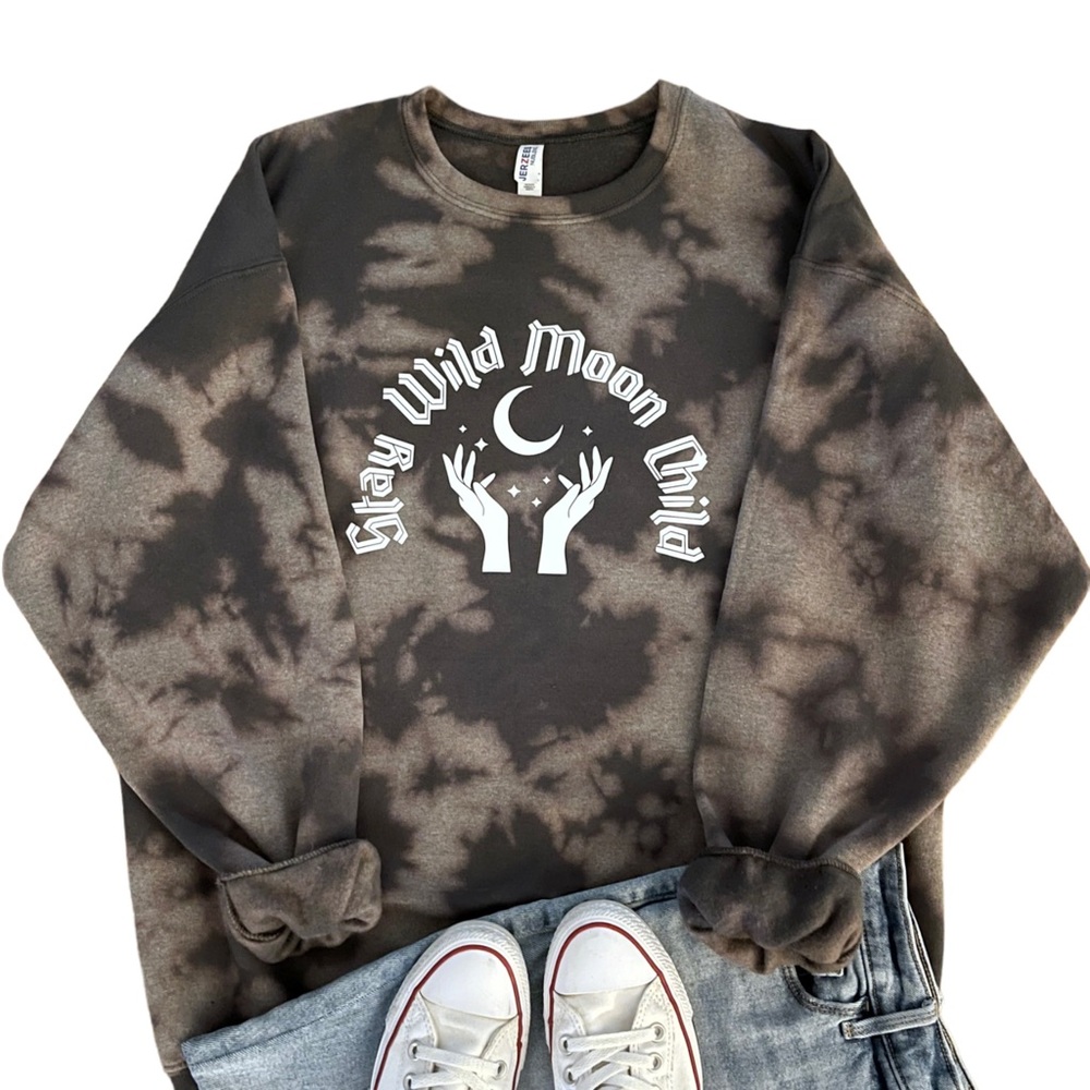 Women’s Stay Wild Moon Child Sweatshirt Reverse Bleach Tie Dye Charcoal Sz XL